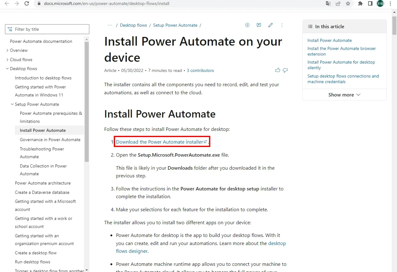 Power Automate Desktop公式HPインストーラーダウンロード画面