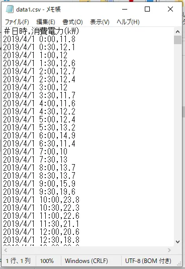 CSVファイルをメモ帳で開いた時